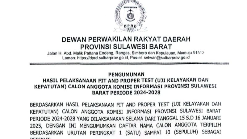 DPRD Sulbar Umumkan 5 Anggota Komisi Informasi Terpilih