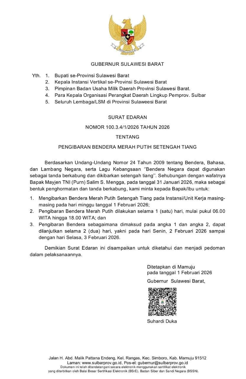 Pemprov Sulbar Instruksikan Pengibaran Bendera Setengah Tiang Sebagai Tanda Berkabung