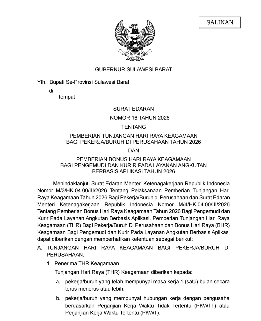Pemprov Sulbar Terbitkan Surat Edaran Pemberian THR dan BHR bagi Pekerja dan Pengemudi Berbasis Aplikasi