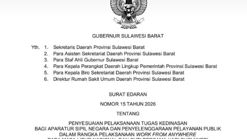 Gubernur Sulbar Terbitkan SE WFA bagi ASN Jelang Nyepi dan Idul Fitri 1447 H