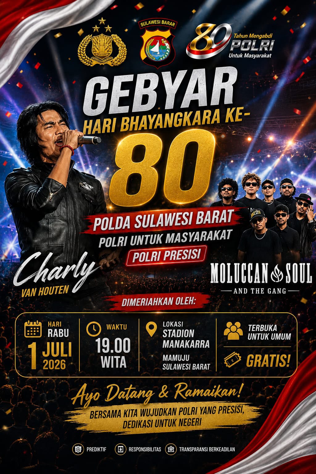 Puncak Hari Bhayangkara ke-80, Polda Sulbar Gelar Konser Gratis Bersama Charly Van Houten