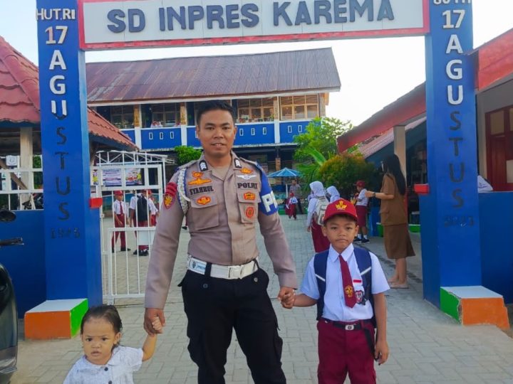 GAMAS Polda Sulbar, Momen Hangat Ayah Berseragam Antar Anak di Hari Pertama Sekolah