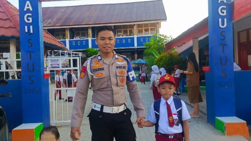 GAMAS Polda Sulbar, Momen Hangat Ayah Berseragam Antar Anak di Hari Pertama Sekolah