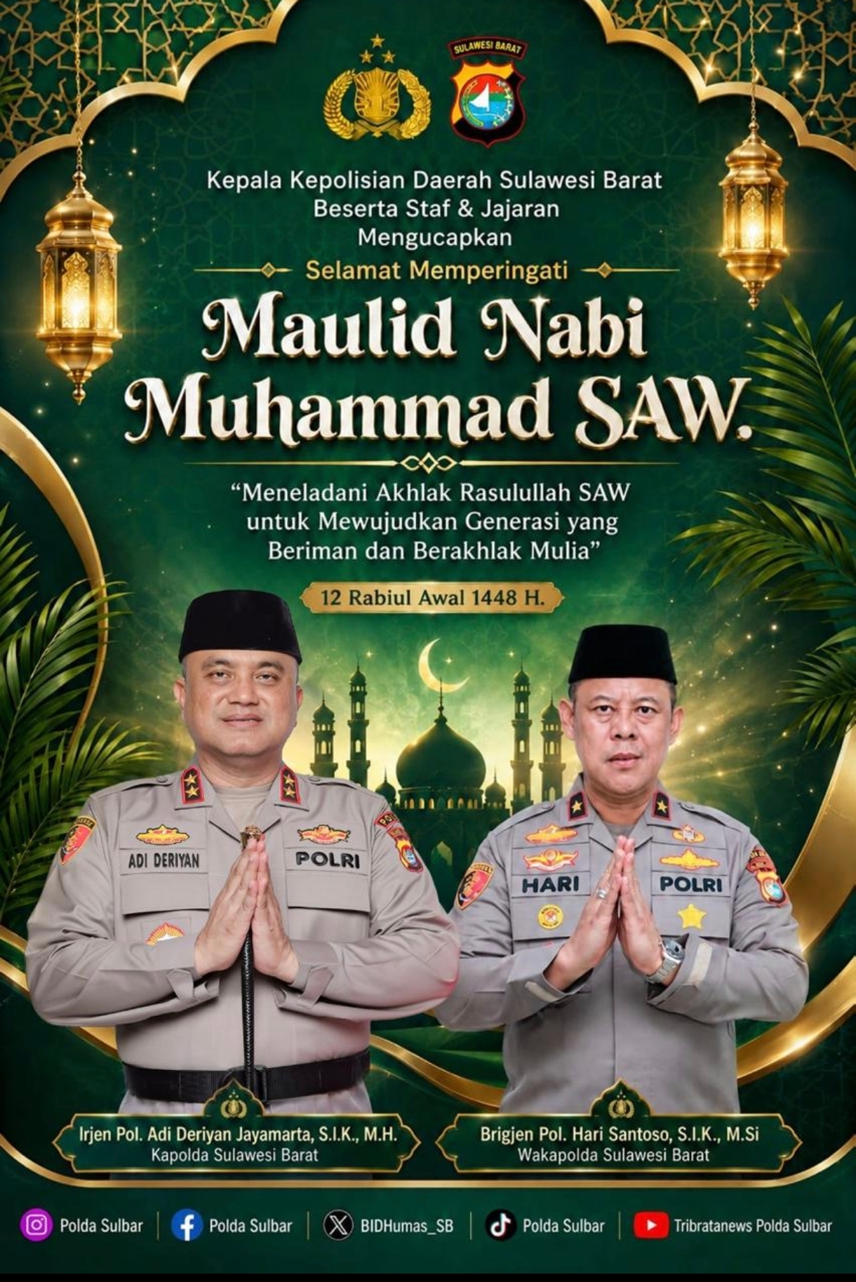 Maulid Nabi 1448 H, Kapolda Sulbar Dorong Generasi Muda Rawat Kedamaian Bumi Malaqbi